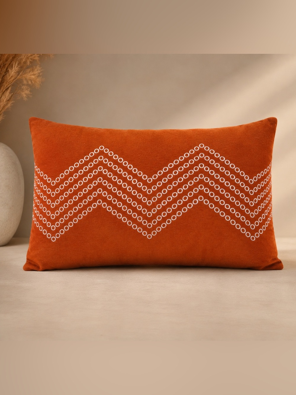 Rust Orange Decorative Accent Pillow with White Chevron Dots